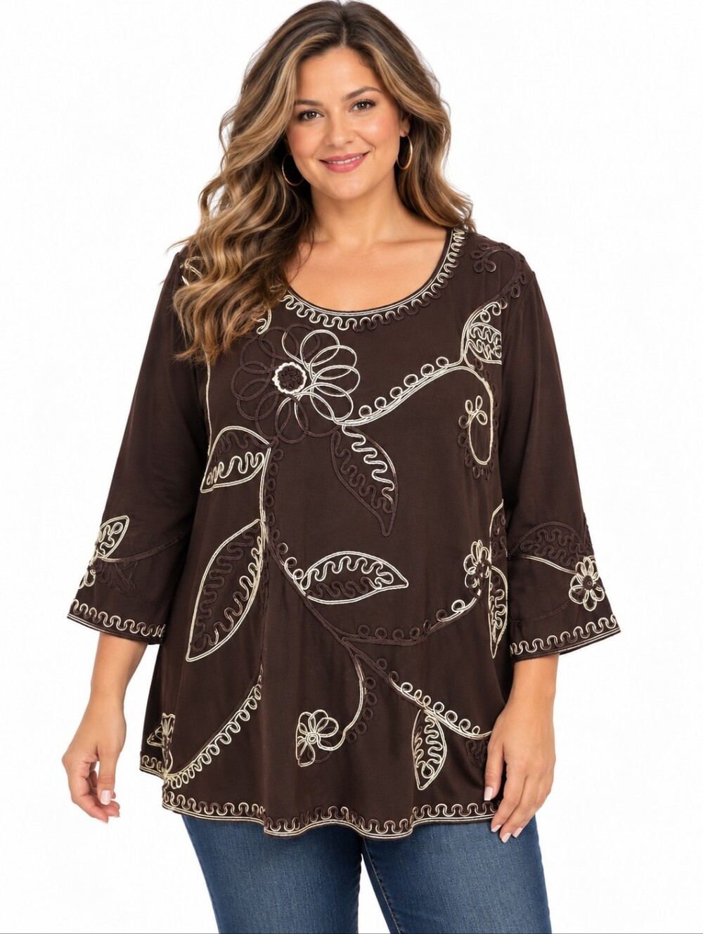 Once Again Plus 2X Brown Embroidered Floral Tunic Top 3/4 Sleeve Boho